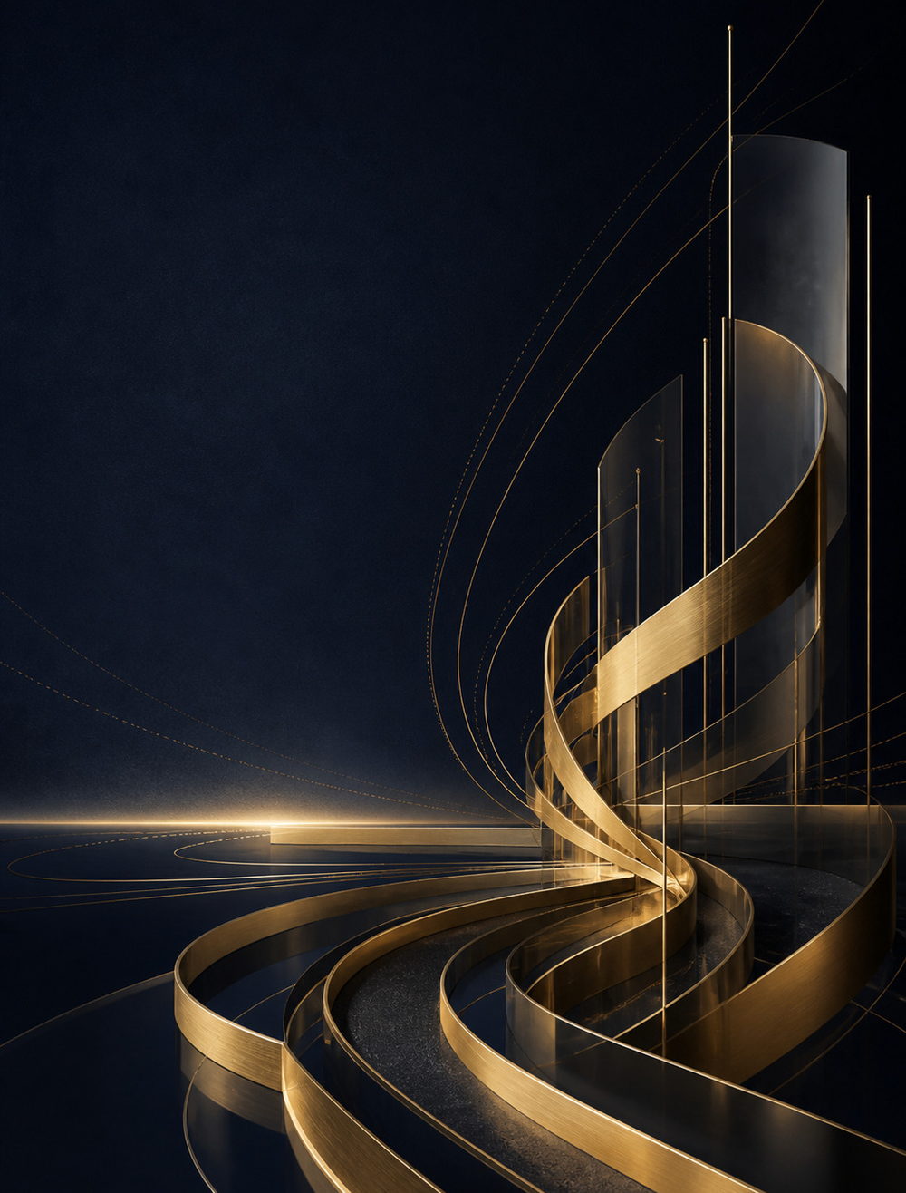 Gold pathways converging on a single point of light